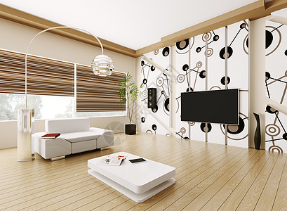 内部现代客厅 3d桌子褐色白色建筑学家具房间扶手椅压板电视地面图片