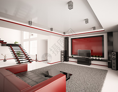 现代3d客厅室内沙发建筑学地毯座位房子白色房间黑色电视地面图片