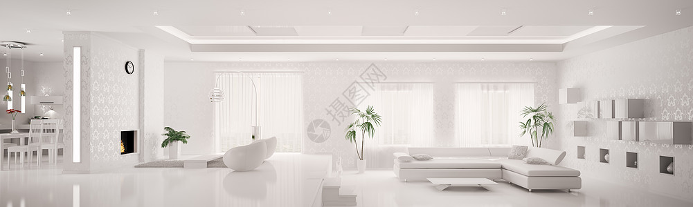 现代公寓的白色内室内3d型全景用餐地毯脚步椅子电视壁炉家具房间厨房长椅图片