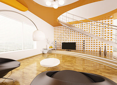 现代3d号客厅室内窗户地面楼梯扶手椅白色房间橙子天花板壁炉家具图片