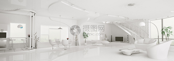 现代白色公寓3d型全景的内地家具窗户厨房楼梯房间房子地面沙发长椅椅子图片