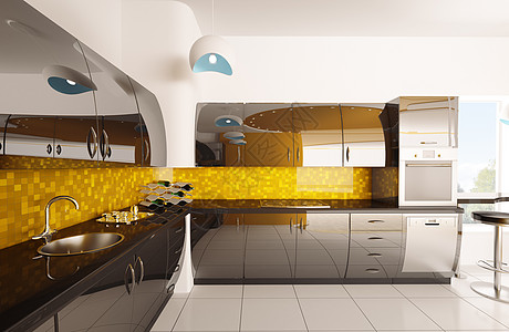 现代3d型厨房内部白色桌子金属窗户黑色瓷砖合金地面橙子龙头图片