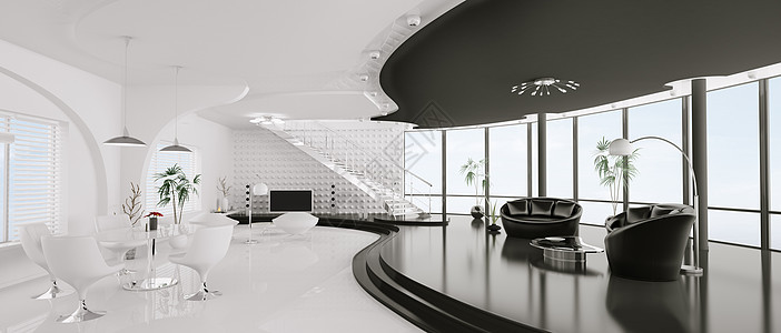 现代公寓内部全景3d型用餐座位脚步长椅白色房子楼梯黑色天花板地面图片