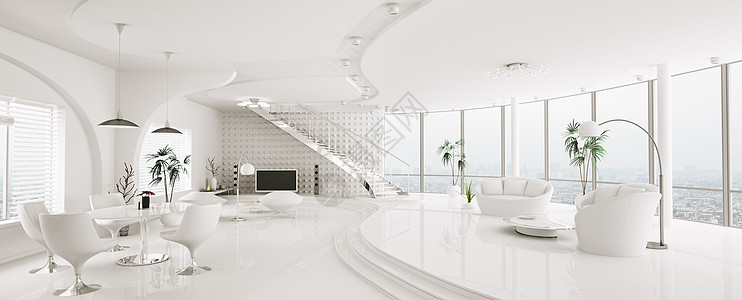 现代公寓内部全景3d型白色建筑学座位房子地面楼梯椅子天花板房间长椅图片