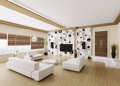 内部现代客厅 3d棕色木头长椅地面桌子扶手椅家具白色房子窗户图片
