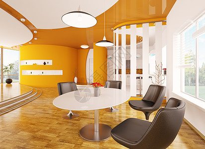 现代内地公寓3d地面建筑学窗户皮革橙子厨房用餐房子木头白色图片