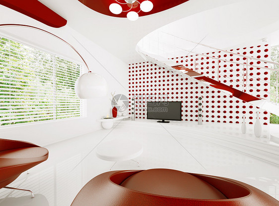 现代3d号客厅室内白色建筑学红色扶手椅天花板房子窗户桌子扬声器房间图片