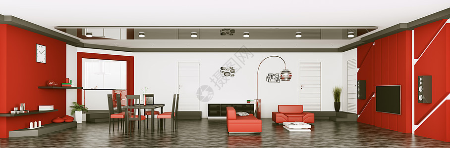 现代公寓内部全景3d型黑色木头椅子沙发用餐电视建筑学地面长椅房子图片