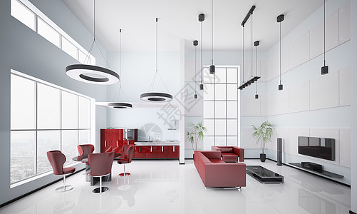 现代内地公寓3d红色白色椅子电视房间建筑学皮革家具蓝色窗户图片
