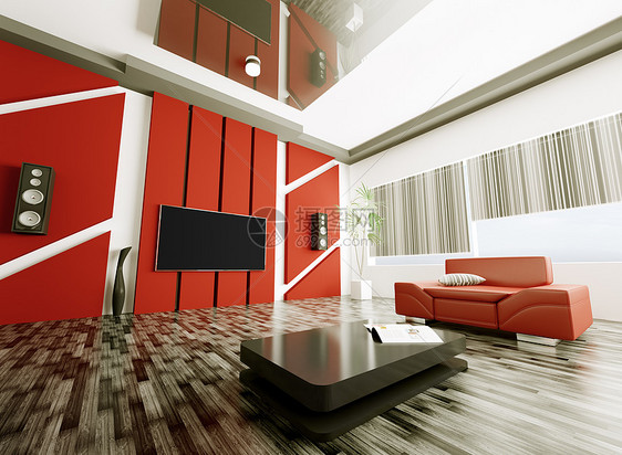 内部现代客厅 3d房间桌子扬声器窗户木头家具白色黑色红色座位图片