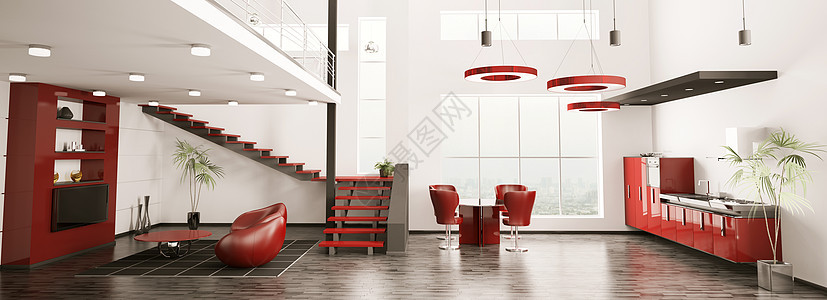 现代3d型全景公寓室内植物楼梯地毯木地板家具扶手椅电视花瓶厨房房子图片