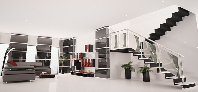 现代公寓室内全景3d型家具楼梯扬声器栏杆长椅电视房子座位喇叭玻璃图片