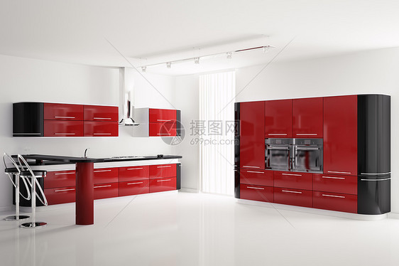 现代红黑厨房内部3d图片