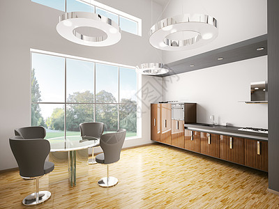 现代厨房内部3d龙头兜帽桌子椅子圆形金属灰色木地板木头用餐图片