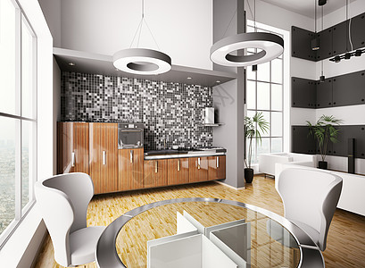 现代厨房内部3d龙头窗户木头用餐面板桌子合金椅子金属沙发图片