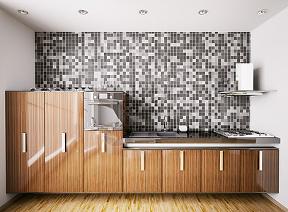 现代厨房内部3d白色瓷砖龙头炊具灰色黑色玻璃木地板乌木木头图片