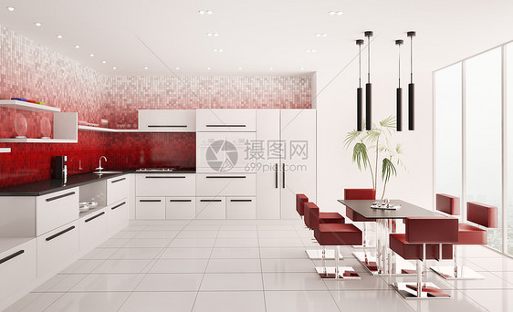 现代3d型厨房内部瓷砖白色反射红色烤箱坡度配件金属房子炊具图片