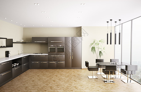 现代室内厨房3d龙头炊具灰色木头窗户桌子白色金属配件木地板图片