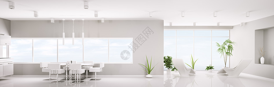 现代白色公寓3d型全景三德式大厅建筑学厨房房子窗户房间家具用餐地面椅子图片