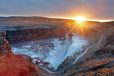 Gullfos 水瀑冰地活力流动日落景点阳光戏剧性旅游旅行火山瀑布图片