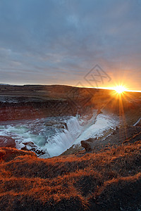 Gullfos 水瀑冰地海湾景点环境戏剧性瀑布日落地标峡谷阳光旅行图片