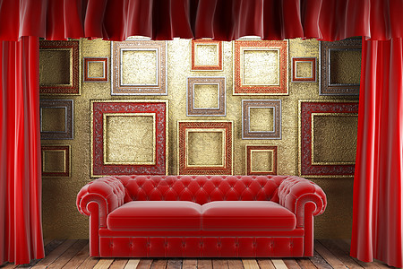装有框架和沙发的红布窗帘展览宣传边界木头仪式装饰娱乐风格织物推介会图片