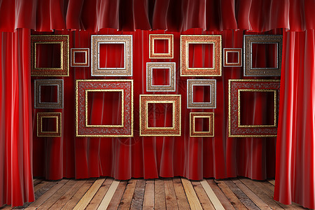 带框架的红织布窗帘娱乐衣服装饰歌剧画廊奢华天鹅绒木头马戏团织物图片