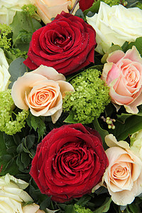 粉红 红色和白色的新娘安排植物花瓣绿色植物群中心婚礼花朵作品婚姻植物学图片