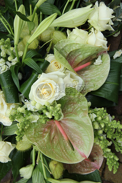 绿色白花绿安排作品花店花束植物群白色玫瑰树叶花瓣植物学花朵图片