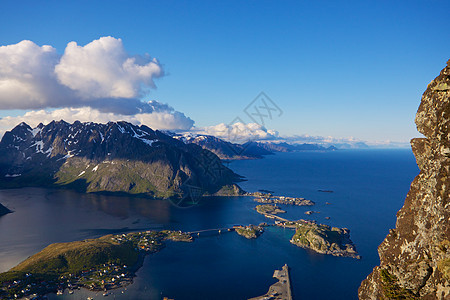 lofoten 宝箱海洋蓝色山脉首脑晴天旅行岛屿全景地形山峰图片