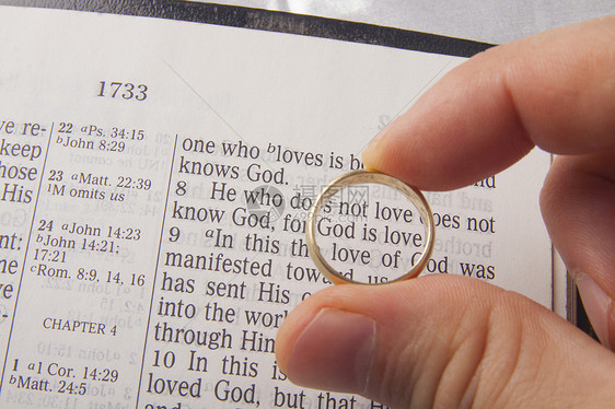 在神圣圣经之上的婚姻戒指图片