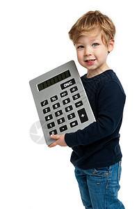 使用大计算器的可爱男孩计算童年工作室儿童金发婴儿乐趣儿子快乐男生图片