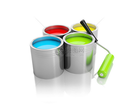 3d 说明 一组油漆罐和滚筒罐图片