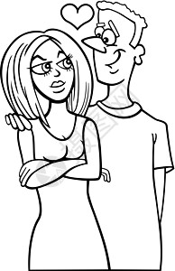 男人和女人恋爱卡通裙子染色插图绘画快乐异性黑与白女士夫妻拥抱图片
