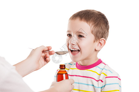 医生给男孩送一勺糖浆给男孩微笑流感瓶子病人女士父母剂量药品茶匙勺子图片