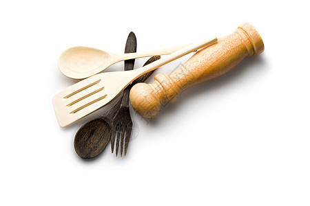 白色隔绝的木制厨房用具工具勺子服务工作厨具午餐木头烹饪乡村工艺图片