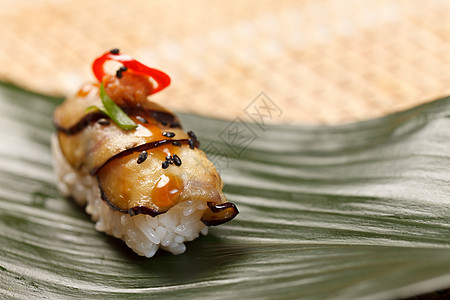 矢量树叶树叶上的寿司食物辣椒餐厅饮食拼盘芝麻叶子鳗鱼热情美食背景