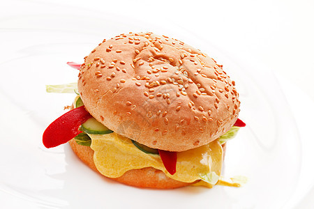 白色的汉堡包洋葱胡椒宏观芝麻小吃面包午餐饮食野餐火腿图片
