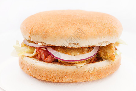 鸡肉汉堡加蔬菜洋葱营养盘子饮食熏肉火腿午餐食物油炸包子图片