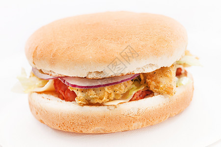 鸡肉汉堡加蔬菜洋葱营养熏肉午餐油炸包子火腿食物盘子饮食图片