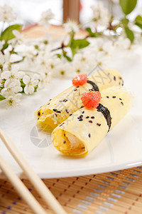蒲烧鳗鱼好吃的寿司柚子花朵奶油美味樱花午餐芝麻宏观美食玉子背景