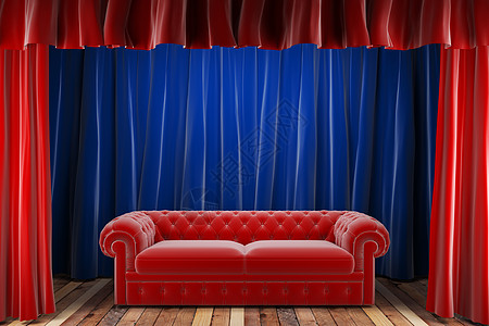 带沙发的红布窗帘装潢推介会歌剧织物展览出版物风格木头展示红色图片