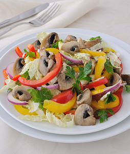 蔬菜沙拉和蘑菇整理享受胡椒香菜小吃午餐平衡维生素洋葱服务图片
