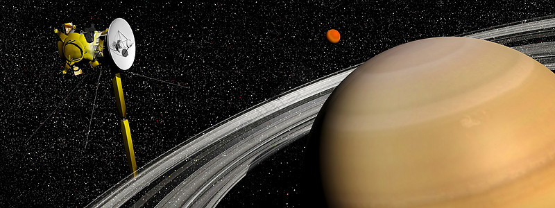 土星附近的卡西尼航天器和泰坦卫星3D天空航天学宇宙环绕星系星星技术勘探工程师科学图片