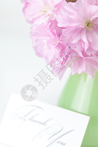 花瓶和卡片上签了名 谢谢你们被隔离脚本笔记樱花框架写作回应感激玻璃礼物叶子图片
