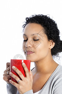 女人喜欢喝一杯咖啡乐趣杯子芳香女士享受品味红色饮料香气酿造图片