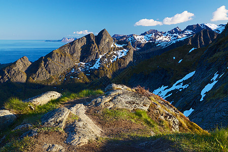 洛弗顿山脉蓝色山峰晴天风景全景图片