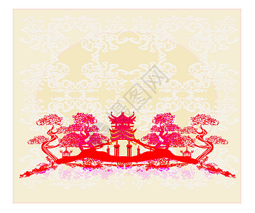 中国景观     抽象古代建筑樱花寺庙插图天空花瓣日落文化旗帜植物花朵图片