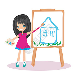 小艺术家小姑娘 把她梦想中的房子画在大纸池上绘画刷子创造力想像力喜悦女孩活动乐趣女性学习图片
