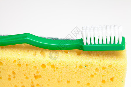 白上隔离的洗碗和牙刷用海绵生活床单家务斑点洗涤剂菜肴擦洗刷子毛孔卫生图片